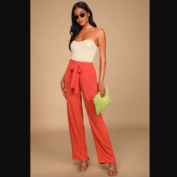 Lulu’s Sunny Approach Coral Tie-Front Wide-Leg Pants - Picture 3 of 8